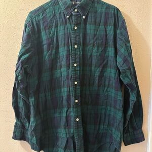Ralph Lauren Men's Blue and Green Light Flannel Plaid Shirt